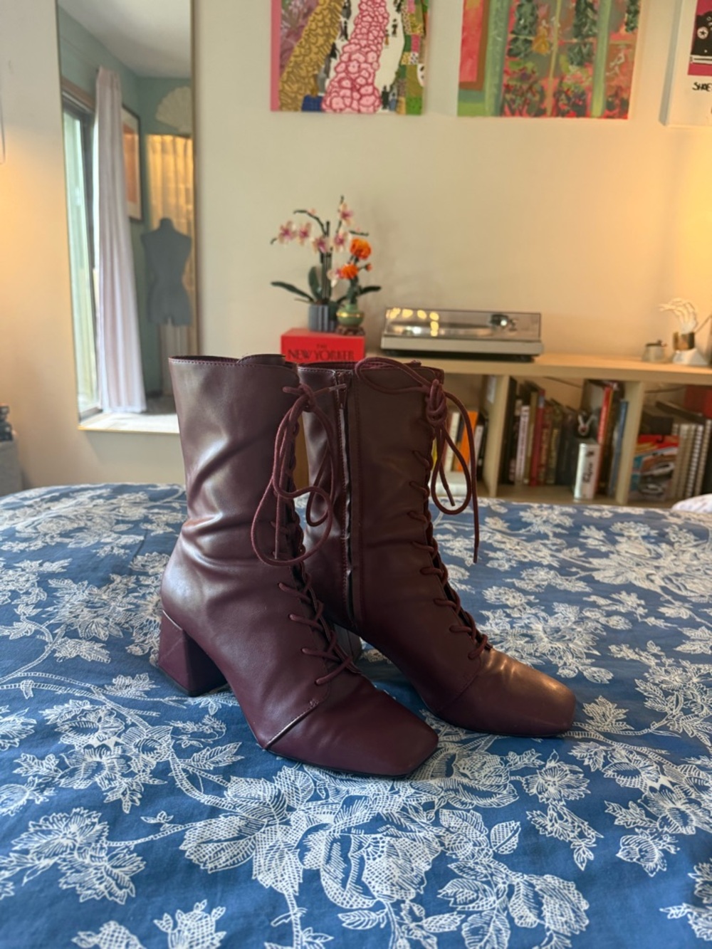 Monki Burgundy Lace-Up Mid-Calf Block Heel Boots